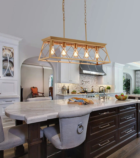 Five Light Gold Modern Farmhouse Chandelier For Kitchen Island over marble countertop in luxurious kitchen setting