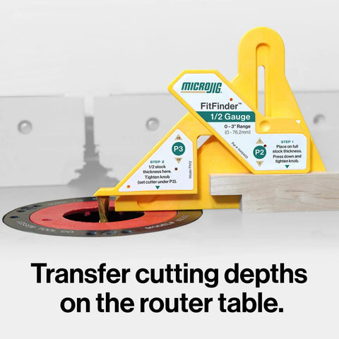 FitFinder Half Inch Gauge Wood Center Point Finder for precise router table setup, showing yellow tool and wood alignment.
