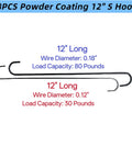 Visual of Twenty Eight Pack Badass Twelve Inch Wire S Hooks, showing details of load capacities and wire diameters for heavy duty use.