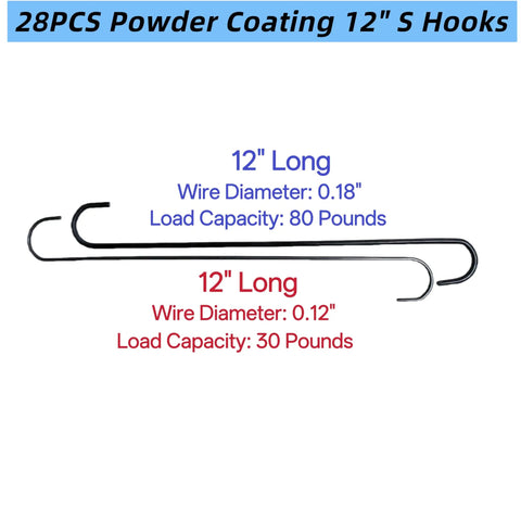 Visual of Twenty Eight Pack Badass Twelve Inch Wire S Hooks, showing details of load capacities and wire diameters for heavy duty use.