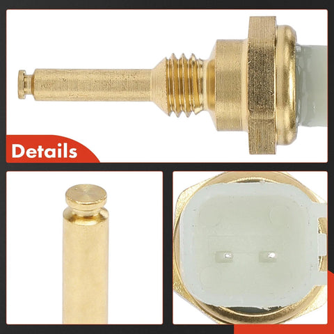 A-Premium 2-pin engine coolant temperature sensor, brass body with threaded shaft and hex nut; front view.