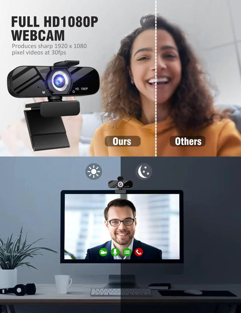 Top Shelf 1080P Webcam With Crisp Built In Microphone And Wide Angle Lens Includes Adjustably Rotatable Tripod and Flip Privacy Cover, setup for video calls.
