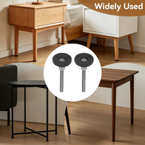 Heavy Duty Adjustable Leveling Feet Set, D30 X M6 X 50 Mm Swivel Furniture Glides on various tables in a home setting.
