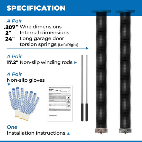 0.207x2in Garage Door Torsion Springs Kit Pair 24in with non-slip bars, gloves, springs, and instructions in image