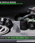 15 Piece Half Inch Drive Metric Low Profile Stubby Impact Socket Set 10mm Through 24mm 6 Point CrMo No Skip Sizes Compact Shorty Sockets