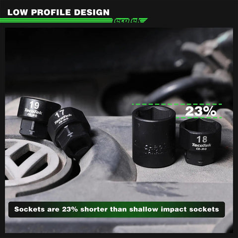 15 Piece Half Inch Drive Metric Low Profile Stubby Impact Socket Set 10mm Through 24mm 6 Point CrMo No Skip Sizes Compact Shorty Sockets