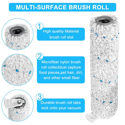 Front view of multi-surface brush roll replacement for Bissell CrossWave Cordless Max; grey microfiber with blue flecks