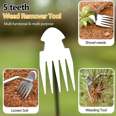 Five-teeth weeder from 3 Pack Weed Puller Tool Set With Stainless Steel Weeders And Rubber Handles For Easy Garden Cleanup
