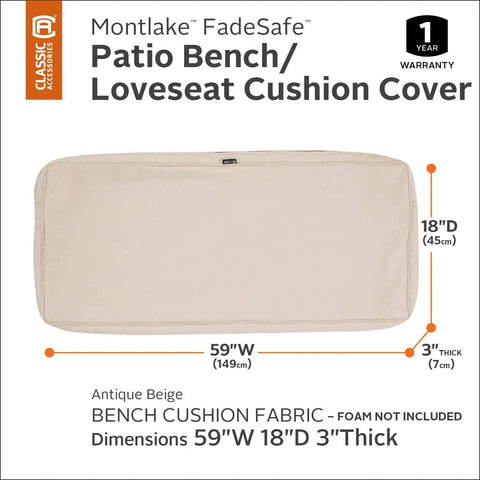 Montlake Water-Resistant Outdoor Bench Cushion Slip Cover For 59 Inch Wide By 18 Inch Deep By 3 Inch Thick Cushions, FadeSafe Fabric, Stain Resistant Antique Beige