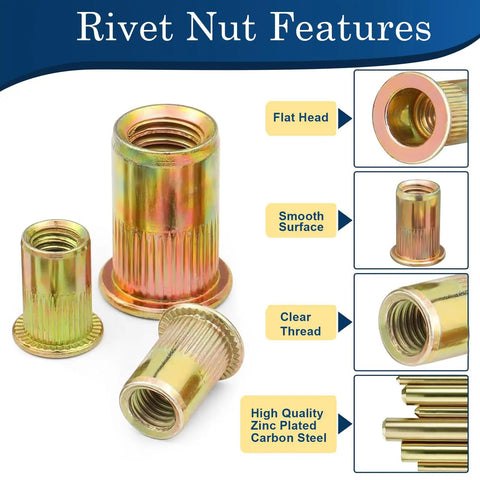 Rivet Nut Kit 60 Pcs Five Sixteenth By Eighteenth UNC Zinc Plated Carbon Steel Flat Head Threaded Insert Nuts features