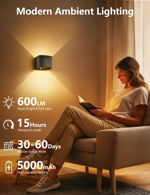 Image showing woman reading under Go-To Remote Controlled Motion Sensor Wall Light With 5000mAh Rechargeable Battery in bedroom