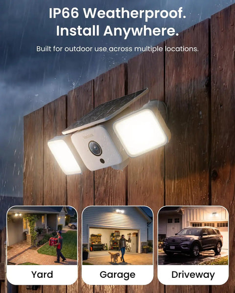All In One Solar Floodlight Camera With 2K Clarity, Up To 1000 Lumens Motion Activated Light And Siren, shown installed outdoors