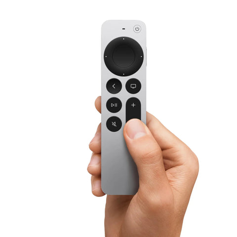 Hand holding Siri Remote Third Gen For 4K TV Box With Sleek Touch Clickpad Outer Ring Navigation Precise Control Fast App Access Voice Control.