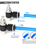Air Flow Control Valve for Pneumatic Systems, 3/8 Inch Tube OD to 1/4 Inch NPT, showing push to connect elbow fitting