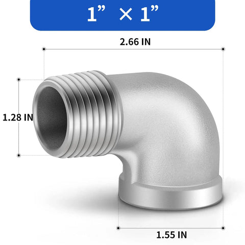 Side view of Five Pack 304 Stainless Steel 1 Inch NPT Male to 1 Inch NPT Female 90 Degree Pipe Elbow Fittings showing dimensions