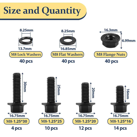 M8-1.25 Flange Bolt Kit 160-Piece with 8mm bolts, serrated flange nuts, washers, various sizes shown, alloy steel black oxide.