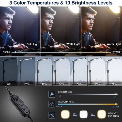 Adjustable Desk Ring Light With Stand For Webcam And Video Calls, 30 Light Modes with 3 Color Temperatures and 10 Brightness Levels displayed