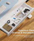 Electric Standing Desk With Drawers For Home Office 48 By 24 Inch Sit Stand Desk With organized drawer showing office essentials.