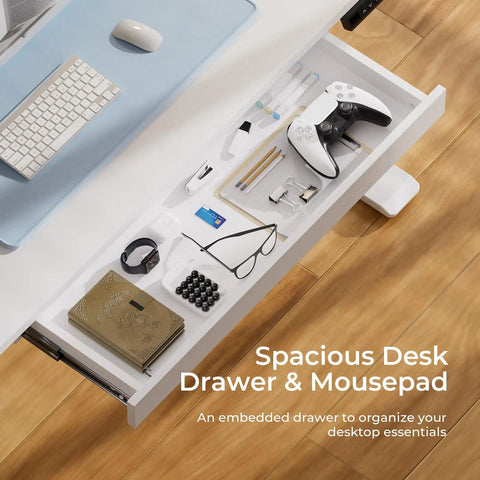 Electric Standing Desk With Drawers For Home Office 48 By 24 Inch Sit Stand Desk With organized drawer showing office essentials.