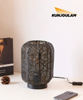 Industrial Table Lamp For Nightstand And Desk With Plug In Power, Black Hollow Carved Metal Cage Lantern Lighting on desk