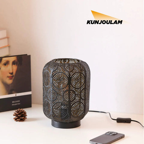 Industrial Table Lamp For Nightstand And Desk With Plug In Power, Black Hollow Carved Metal Cage Lantern Lighting on desk
