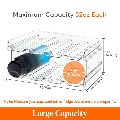 Totally Game Changer Stackable Water Bottle Organizer For Cabinet Storage, Clear Tumbler Holder that holds 32 oz bottles with measurements.