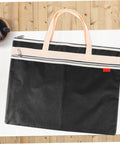 Black All In One Art Storage Pouch With Zipper File Bag for school office travel, Oxford fabric, handles, fits 14 inch laptop A4.