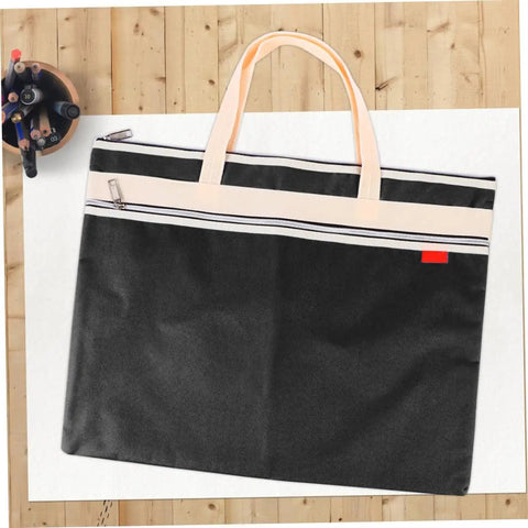 Black All In One Art Storage Pouch With Zipper File Bag for school office travel, Oxford fabric, handles, fits 14 inch laptop A4.