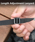 Soft Leather Lanyard For DJI RC Series Remotes length adjustment feature shown in hand, black strap with buckle.