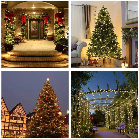 Outdoor and indoor scenes with Solar Powered Outdoor Fairy String Lights 39Ft 100 LED Waterproof Twinkle With 8 Modes And Memory Function No Battery Replacement Needed For Garden Patio Yard Tree Wedding Christmas Decor Warm White