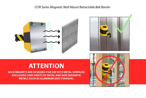 Magnetic Wall Mount Retractable Belt Barrier For Crowd Control In Tight Spaces No Fuss Setup 15 Foot Belt on metal wall