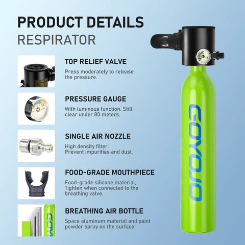 Detailed view of green 0.5L Portable Scuba Diving Tank With Snorkel Mask Dual Function Full Face Underwater Breathing System features.
