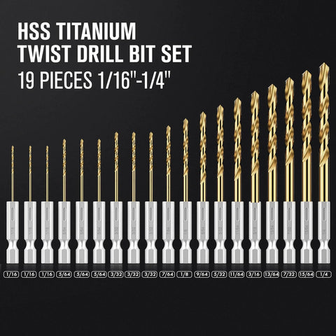Hex shank drill bit set, 19 pieces titanium twist bits, 1/16-1/4 in, quick-change for sheet metal, wood, plastic