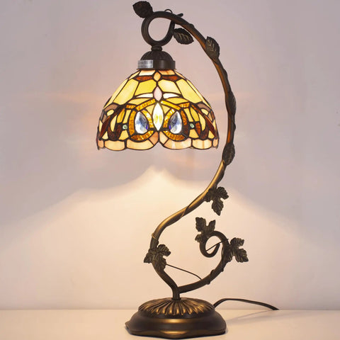 Tiffany Style Stained Glass Table Lamp With Bronze Metal Leaf Base, 21 Inch Tall, 8 Inch Shade, Elegant Victorian Desk Reading Light