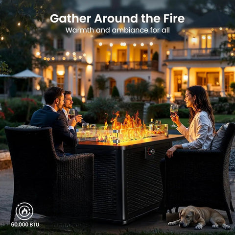 Gathering around 43 Inch Rectangular Propane Fire Pit Table With 60,000 BTU Heat for Backyard Hangouts, warm setting, night view
