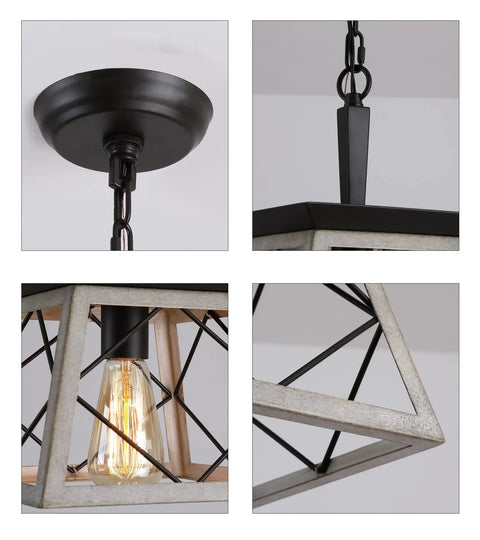 Farmhouse Style Pendant Light Fixture For Dining Room Hallway Entryway And Kitchen Island 1 Light Industrial Chandelier with details of oak white frame and black matte finish