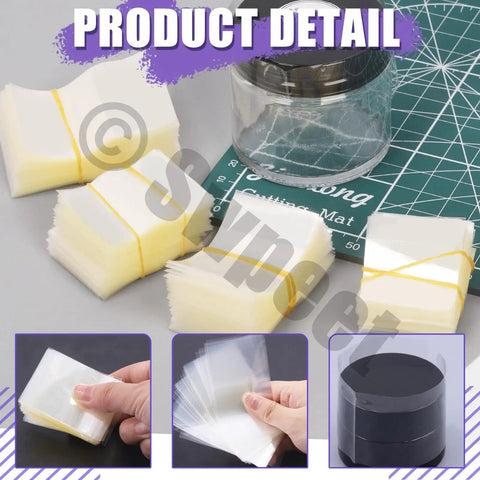 Clear PVC Heat Shrink Bottle Band Kit With 1200 Pieces In Six Sizes displayed on crafting mat, bundles of perforated shrink bands