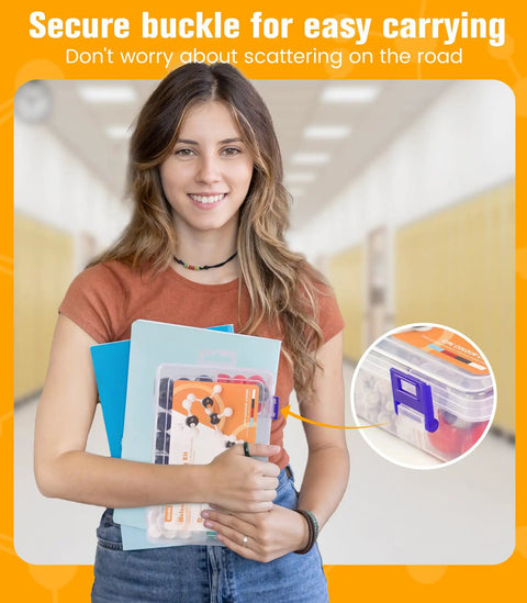 Person holding a Portable Organic Chemistry Model Kit With 124 Pieces For Classrooms And Hands On Home Labs; secure buckle inset.