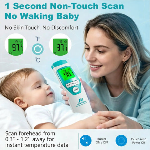 Medical Grade Non Contact Forehead Thermometer For Adults And Kids With Super Fast Accurate Readings Large Color LCD Screen And Ultra Easy One Button Use For Home Health Monitoring, with baby