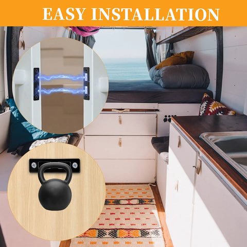 4 Pack Cabinet Magnetic Catches 30 Lb Heavy Duty Door Catches Screw On Closet Doors Closures Stainless Steel Black Finish Ideal For Kitchen Cabinets And Drawers Magnetic Latch shown installed in RV cabinets with easy installation feature highlighted