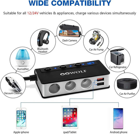 Heavy Duty 7 In 1 Cigarette Lighter Splitter Car Charger Adapter With Quick Charge 3.0 showcasing charging multiple devices simultaneously.