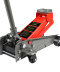 Heavy Duty 3 Ton Hydraulic Floor Jack Red 6600 Lbs Capacity Fast Lift visible with base and wheels for easy movement.