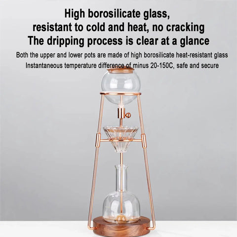 Polished Glass Cold Brew Coffee Maker Featuring Precise Drip Valve And Rugged Stainless Steel Base Serving Straight Up Smooth Iced Teas With Zero Fuss At Kitchen Bars, showcasing borosilicate glass and wood base.