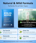 Front view of a blue eyelid wipes sachet labeled Eyelid Wipes; Tea Tree Oil extract noted and daily eye care.