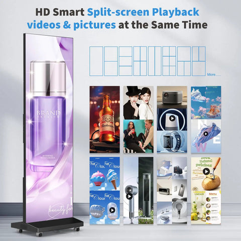80 Inch Led Digital Signage Seamless Video Wall Featuring Plug And Play Wireless Remote Foldable Gob Panels Built Different Ready To Roll Straight Into Your Next Event Or Venue Showcase Black displaying split-screen videos and pictures.