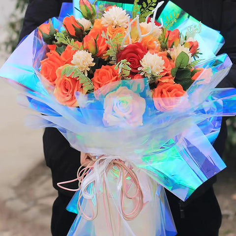 Bouquet wrapped in Iridescent Cellophane Wrapping Paper Roll For Flower Bouquets And Wine Bottles Multicolor Gift Wrap