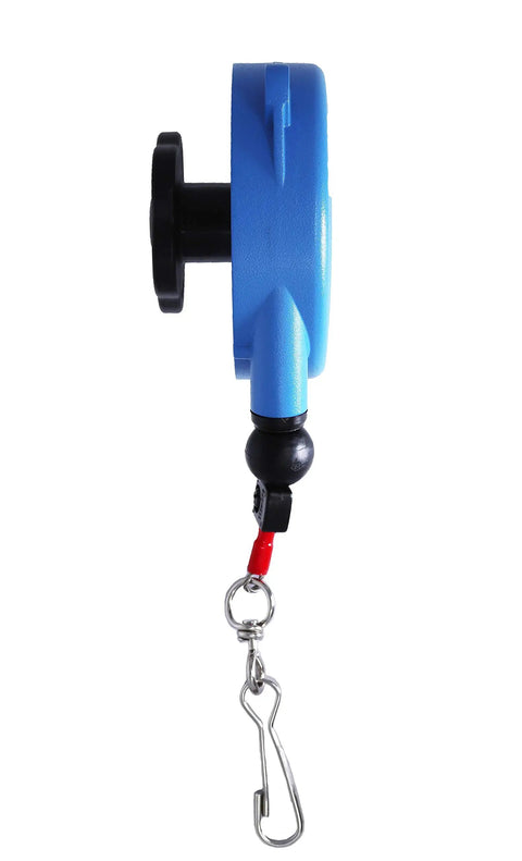 Side view of Spring Balancer Tool Balancer 2.2-4.4 Lb Capacity, blue steel shell, hook attachment, fatigue-fighting use in workshops.