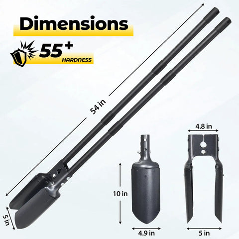 Heavy Duty Post Hole Digger Beast Pro Grade With 55 Inch Handle And Dual Sharp Blades alongside dimensions chart