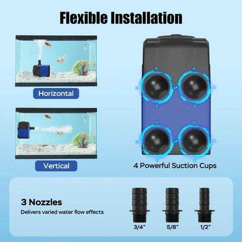 400GPH Submersible Pump With 25W Power shown with horizontal and vertical installation in aquariums