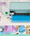 Front view of GO2CRAFT all-in-one crafting machine with mint-green body and blue vinyl on a cutting mat.